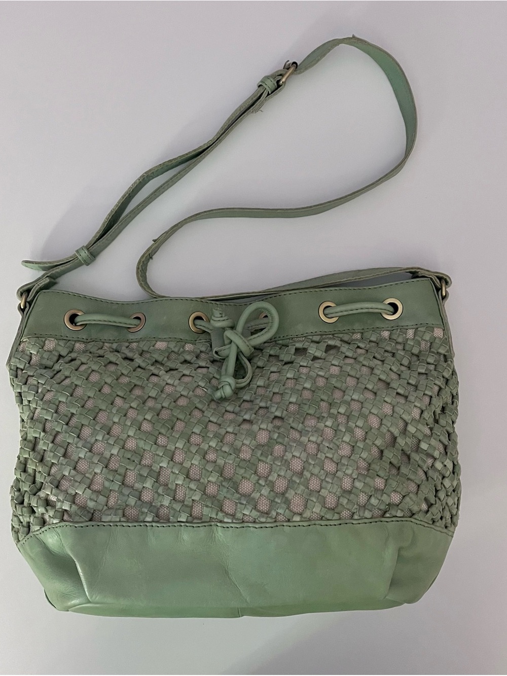 Marta Ponti Sage Green Woven Leather Crossbody Bucket Bag Drawstring Purse